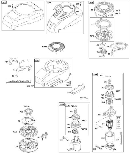 B - Alloggiamento/ripari ventola, dispositivo di avviamento elettrico, volano, dispositivo di avviamento a riavvolgimento B&S - 12 €¦ 122672-0107-E1 brand Stihl